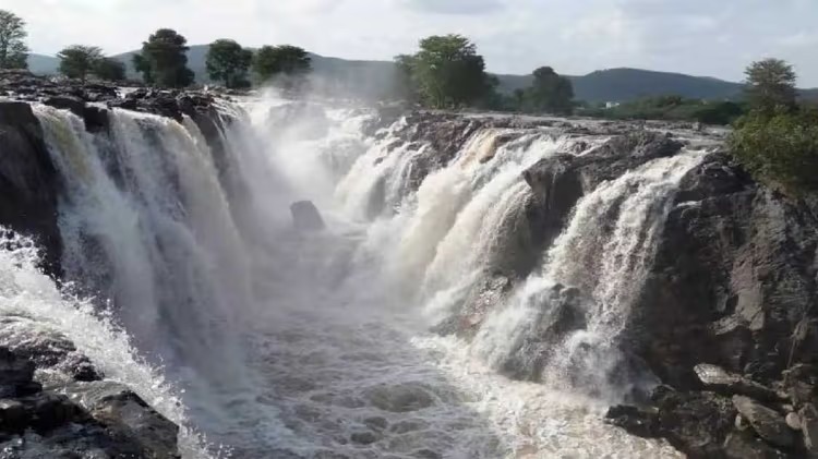 ஒகனேக்கல் அருவியில் தண்ணீர் ஆர்ப்பரித்து கொட்டுகிறது