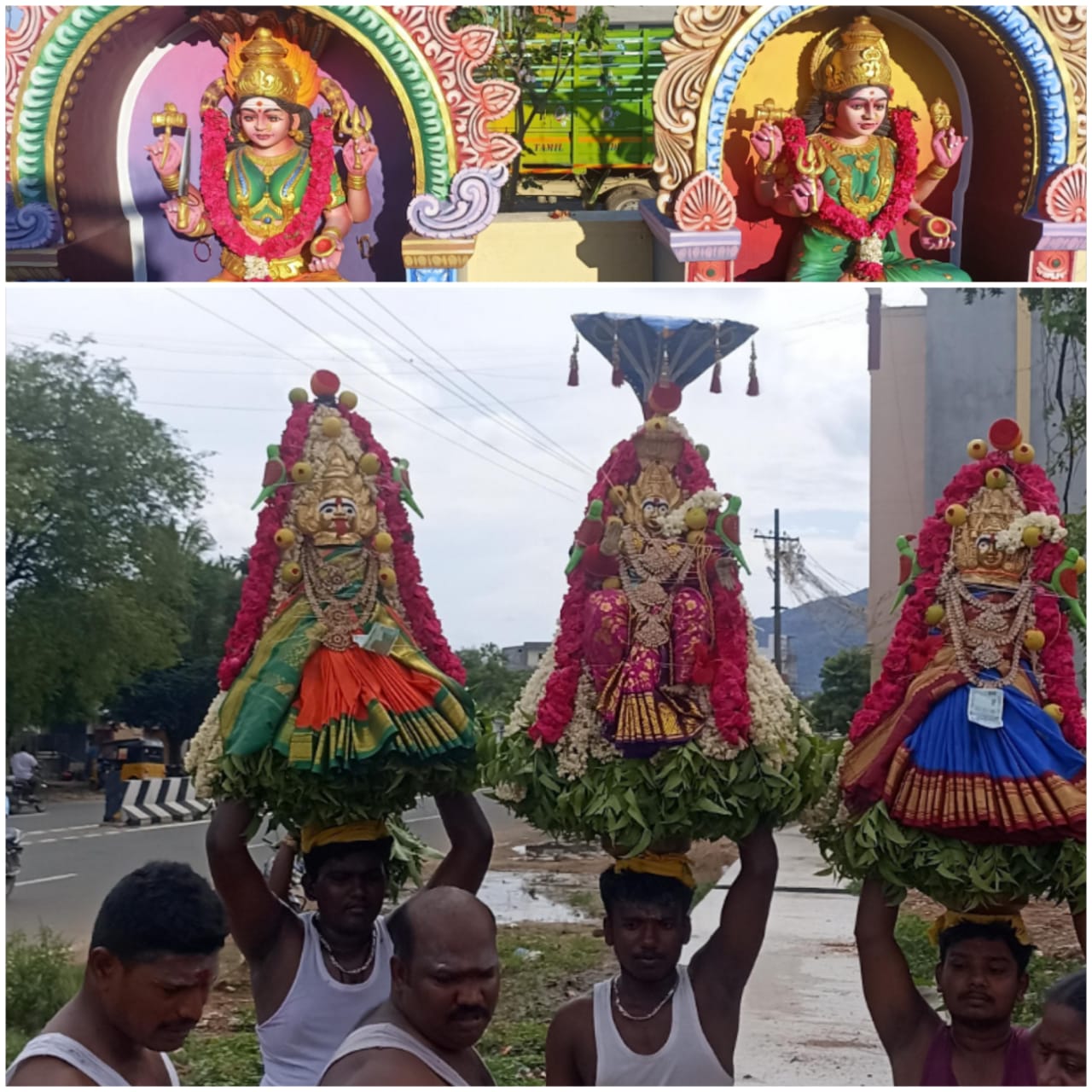 ஸ்ரீ மாரியம்மன், அருள்மிகு ஸ்ரீ காளியம்மன், ஸ்ரீ எட்டியம்மன் வெள்ளிக்கிழமை பிற்பகல் 12 மணிக்கு கரகம் ஜோடித்து ஊர்வலம்