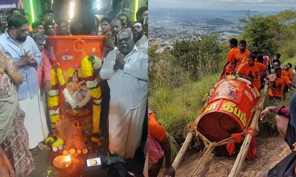 திருவண்ணாமலை கார்த்திகை தீபத்திருவிழா - மகாதீப கொப்பரை மலை உச்சிக்கு கொண்டு செல்லப்பட்டது |