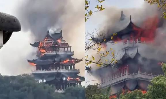 சுற்றுலாவாசியின் தவறால்... சீனாவில் 1,500 ஆண்டுகள் பழமையான கோவிலில் தீ; வைரலான வீடியோ