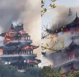 சுற்றுலாவாசியின் தவறால்... சீனாவில் 1,500 ஆண்டுகள் பழமையான கோவிலில் தீ; வைரலான வீடியோ