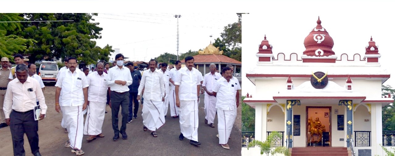 தீரன் சின்னமலை மணிமண்டபத்தில் அமைந்துள்ள அவரது திருவுருவச்சிலையினை அமைச்சர்கள் முத்துசாமி, சுவாமிநாதன் பார்வை