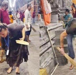 திருவண்ணாமலை அண்ணாமலையார் கோவிலில், வெளிநாட்டைச் சேர்ந்த சிவனடியார்கள் உழவாரப் பணி