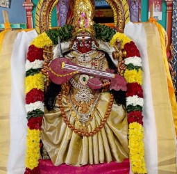 சரஸ்வதி அலங்காரத்தில் அருள் பாலிக்கும் காட்சி
