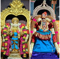 ஸ்ரீ வாசவி கன்யகா பரமேஸ்வரி அம்மன்  நவராத்திரி முதல் நாளான நேற்று மூலவர், உற்சவரும் சிறப்பு அலங்காரத்தில் அருள் பாலிக்கும் காட்சி